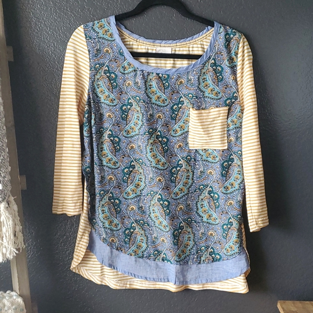 3/4 Sleeve Paisley 'n Stripe Top - Medium